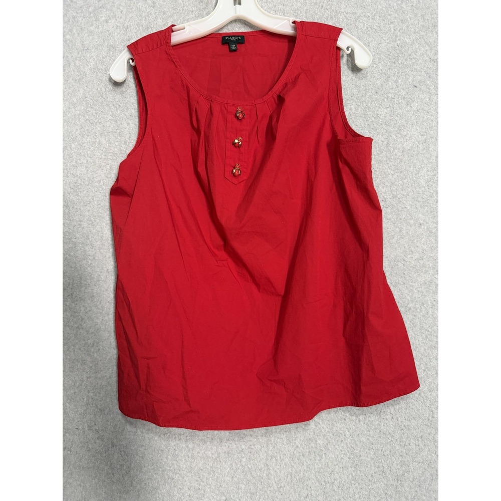 Talbots Blouse Womens 14P Petite Red Sleeveless Scoop Neck Bee Button Cotton Top
